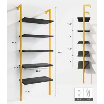 DKLGG 5-Tier Ladder Shelf, Industrial Wall Mounted Bookshelf, Narrow Ladder Bookcase with Wood Board and Metal Frame, Open Display Shelf for Living Room, Bedroom, Office, Black and Gold