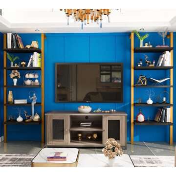 DKLGG 5-Tier Ladder Shelf, Industrial Wall Mounted Bookshelf, Narrow Ladder Bookcase with Wood Board and Metal Frame, Open Display Shelf for Living Room, Bedroom, Office, Black and Gold