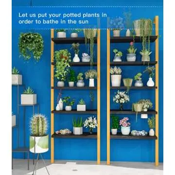 DKLGG 5-Tier Ladder Shelf, Industrial Wall Mounted Bookshelf, Narrow Ladder Bookcase with Wood Board and Metal Frame, Open Display Shelf for Living Room, Bedroom, Office, Black and Gold