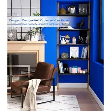 DKLGG 5-Tier Ladder Shelf, Industrial Wall Mounted Bookshelf, Narrow Ladder Bookcase with Wood Board and Metal Frame, Open Display Shelf for Living Room, Bedroom, Office, Black and Gold