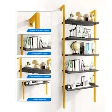 DKLGG 5-Tier Ladder Shelf, Industrial Wall Mounted Bookshelf, Narrow Ladder Bookcase with Wood Board and Metal Frame, Open Display Shelf for Living Room, Bedroom, Office, Black and Gold