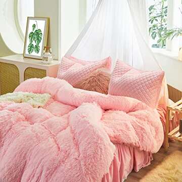 UOZZI BEDDING Luxury Plush Shaggy Flannel 3 PC Duvet Cover Set (1 Faux Fur Duvet Cover + 2 Quilted P...
