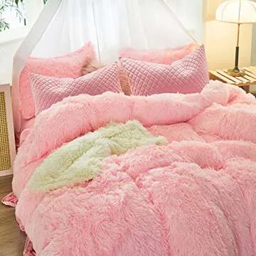 UOZZI BEDDING Luxury Plush Shaggy Flannel 3 PC Duvet Cover Set (1 Faux Fur Duvet Cover + 2 Quilted Pillow Shams) Solid,No Inside Filler,Zipper Closure Warm and Soft for Winter (Pink,Queen)