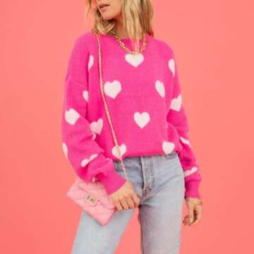 Heart Sweater for Women Valentine's Day Cute Print Crewneck Long Sleeve Oversized Love Sweaters Knit...