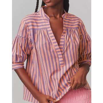 Freyhem Womens Summer V Neck T Shirts Pleated Swing Top Short Sleeve Casual Loose Blouses Striped Tu...