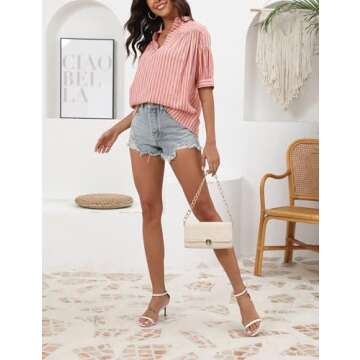 Freyhem Womens Summer V Neck T Shirts Pleated Swing Top Short Sleeve Casual Loose Blouses Striped Tunics(Orange-S)