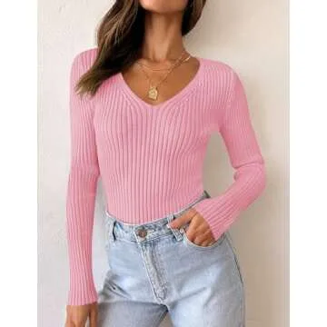 ZESICA Women's Fall Long Sleeve V Neck T Shirts Ribbed Knit Sweater Slim Fit Solid Basic Casual Tee ...