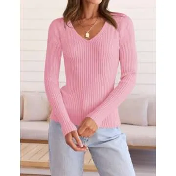 ZESICA Women's Fall Long Sleeve V Neck T Shirts Ribbed Knit Sweater Slim Fit Solid Basic Casual Tee Tops,HotPink,Medium