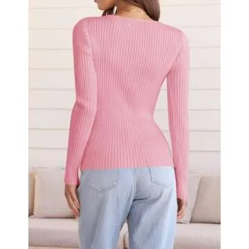 ZESICA Women's Fall Long Sleeve V Neck T Shirts Ribbed Knit Sweater Slim Fit Solid Basic Casual Tee Tops,HotPink,Medium