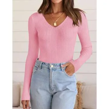 ZESICA Women's Fall Long Sleeve V Neck T Shirts Ribbed Knit Sweater Slim Fit Solid Basic Casual Tee Tops,HotPink,Medium