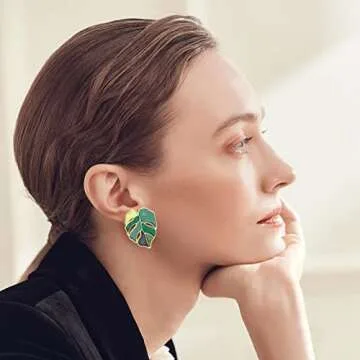 Gift Earrings Bohemian Green Leaf Earrings for Women, Enamel Jewelry for Women, Monstera Leaves Plant Pendant Drop Dangle Earrings for Women Mens with Box Gift Package, Stud