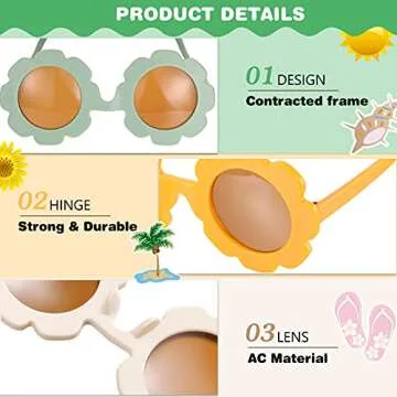 3 Pieces Kids Flower Sunglasses Toddler Girls Round Flower Glasses Baby Cute Sunglasses Outdoor Beach Colorful Eyewear (Green, Yellow, Beige)
