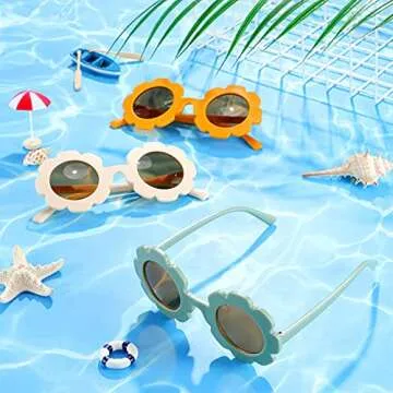 3 Pieces Kids Flower Sunglasses Toddler Girls Round Flower Glasses Baby Cute Sunglasses Outdoor Beach Colorful Eyewear (Green, Yellow, Beige)