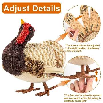 HOHUCRAB Thanksgiving Decorations Turkey with 10 Double-Sided Feathers, 8.6 in Thanksgiving Decorations for Table, Natural Material Turkey Decorations for Home