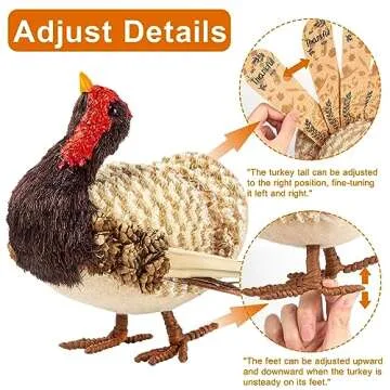 HOHUCRAB Thanksgiving Decorations Turkey with 10 Double-Sided Feathers, 8.6 in Thanksgiving Decorations for Table, Natural Material Turkey Decorations for Home