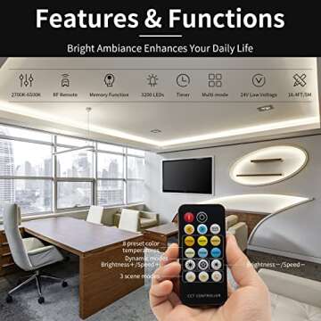 PAUTIX COB LED Strip Light White CCT Tunable 3200LEDs,CRI90+ 16.4ft/5m Dimmable 2700K-6500K 24V LED Tape Lights Kit with UL-Listed Power Supply,for Under Cabinet Bedroom Kitchen TV Mirror DIY Lighting