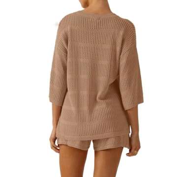 SuperPrity Swimsuit Coverup for Women Crochet Knit 3/4 Sleeve Two Piece Sets Summer Beach Outfits Bathing Suit Cover Up Set-S,Khaki