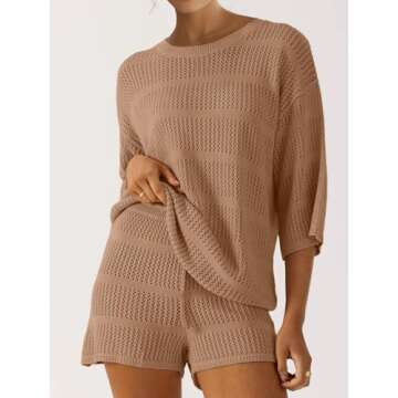 SuperPrity Swimsuit Coverup for Women Crochet Knit 3/4 Sleeve Two Piece Sets Summer Beach Outfits Bathing Suit Cover Up Set-S,Khaki