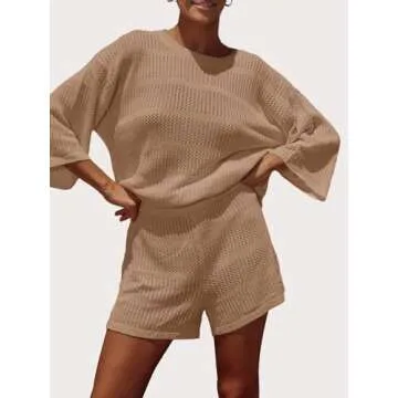 SuperPrity Swimsuit Coverup for Women Crochet Knit 3/4 Sleeve Two Piece Sets Summer Beach Outfits Bathing Suit Cover Up Set-S,Khaki