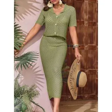 Saodimallsu Women Crochet Beach Cover Up Set Knit Crop Button Short Sleeve Collar Top Bodycon Long Skirt 2 Piece Outfits Green