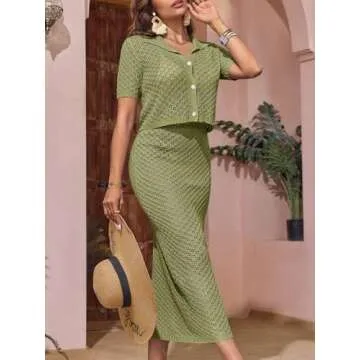 Saodimallsu Women Crochet Beach Cover Up Set Knit Crop Button Short Sleeve Collar Top Bodycon Long Skirt 2 Piece Outfits Green
