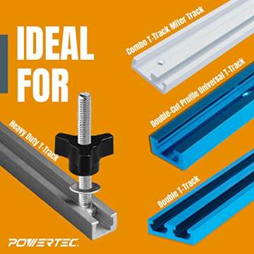 POWERTEC 71068 T Track Knob Kit with 1/4-20 by 1-1/2" Hex Bolts and Washers, Set of 10 T Track Bolts...