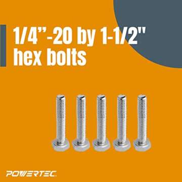 POWERTEC 71068 T Track Knob Kit with 1/4-20 by 1-1/2" Hex Bolts and Washers, Set of 10 T Track Bolts, T Track Accessories for Woodworking Jigs and Fixtures