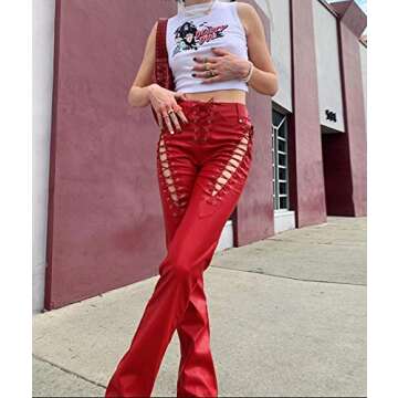 xxxiticat Women's Lace Up PU Leather Pants Chic High Waist Hollow Out Drawstring Bandage Cut Out Faux Leather Trousers(RE,S) Red