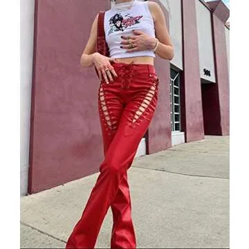 xxxiticat Women's Lace Up PU Leather Pants Chic High Waist Hollow Out Drawstring Bandage Cut Out Faux Leather Trousers(RE,S) Red