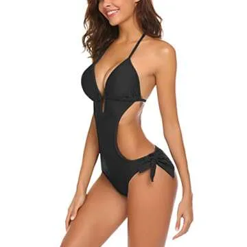 ELOVER Sexy One Piece Swimsuit Tummy Control Bathing Suit V-Neck Monokini Swimwear Black Small