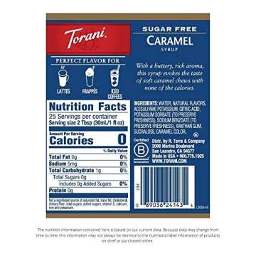 Torani Sugar Free Syrup, Caramel, 25.4 Fl Oz, (Pack of 4)