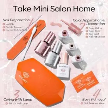 modelones Gel Nail Polish Kit with U V Light, 4 Colors Gel Mini Salon, Base&Top Coat and Stickers, Milky White Nude Pink Glitter Fall Manicure Set, DIY Home Nail Art Decoration Kit, Gift for Women