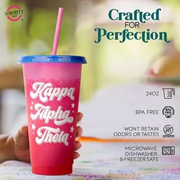 Sorority Shop Alpha Omicron Pi Color Changing Cups - Pack of 4 Reusable Cups with Lids and Straws, Alpha Omicron Pi Cup, Perfect Size 24 Oz Tumbler Cups, Mix and Match Lids With Cool Retro Design