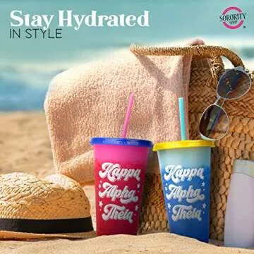 Sorority Shop Alpha Omicron Pi Color Changing Cups - Pack of 4 Reusable Cups with Lids and Straws, Alpha Omicron Pi Cup, Perfect Size 24 Oz Tumbler Cups, Mix and Match Lids With Cool Retro Design