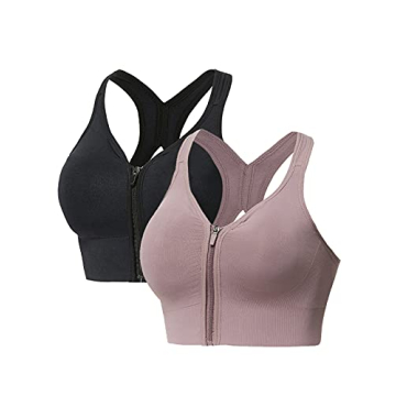Siahk 2 Pack Women's Zip Front Sports Bra Wireless Post-Surgery Bra Active Racerback Yoga Sports Bra...