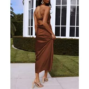 Realtix Satin Silk Backless Tube Tops Maxi Dress for Women Low Back Hollow Out Elegant Strapless Long Dresses Wedding Guest Brown