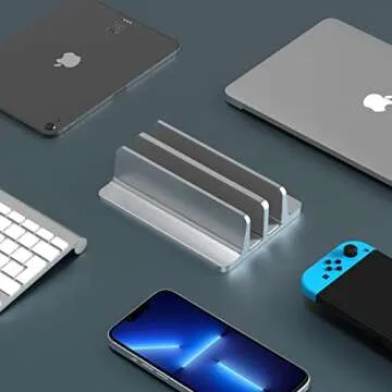 BULL-TECH New Vertical Laptop Stand, Adjustable 2 Slot Aluminum Desktop Holde(Up to 17.3 inch), Fits All MacBook/Microsoft Surface/HP/Dell/ChromeBook/iPad and Gaming Laptops (Silver)