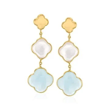 Ross-Simons Italian Mother-Of-Pearl and 5.00 ct. t.w. Aquamarine Clover Drop Earrings in 14kt Yellow...