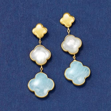 Elegant 14kt Gold Mother-Of-Pearl Aquamarine Drop Earrings