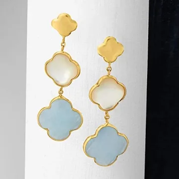 Elegant 14kt Gold Mother-Of-Pearl Aquamarine Drop Earrings