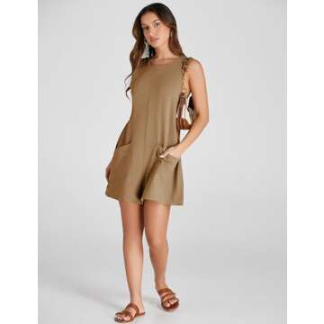 Yeokou Women's Casual Rompers Stretchy Onesie Summer Sleeveless Shorts Jumpsuits with Pockets(Khaki-XL)