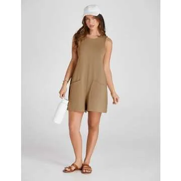 Yeokou Women's Casual Rompers Stretchy Onesie Summer Sleeveless Shorts Jumpsuits with Pockets(Khaki-XL)