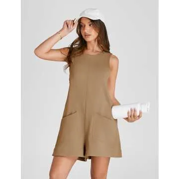 Yeokou Women's Casual Rompers Stretchy Onesie Summer Sleeveless Shorts Jumpsuits with Pockets(Khaki-XL)