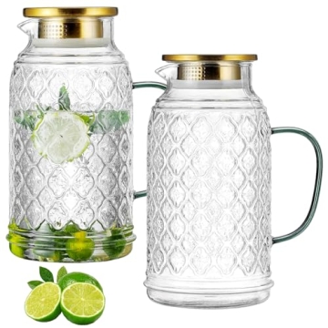 Buaic Glass Pitcher with Lid, 2 PACK 50 oz/1.5 Liter Vintage Water Pitcher, Clear Borosilicate Glass...
