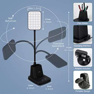 Sailstar Desk Lamp, LED Desk Lamps for Home Office, Wireless Charger Small Desk Lamp with Pen Holder, 3 Color Modes, Dimmable, CRI 85, 800 LM, Study Lamp for College Dorm Room, Adapter Included, Black