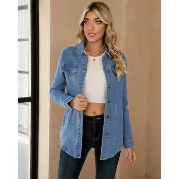 luvamia Long Jean Jackets For Women Fashion Denim Tops Blue Jean Shirts Women Womens Shackets Long J...