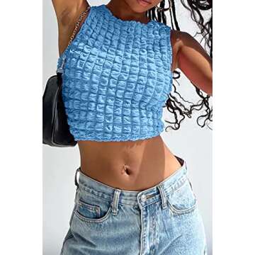 CHYRII Women's Crop Tops Popcorn Sleeveless Summer Going Out Tank Tops Y2K Clothing Baby Blue S