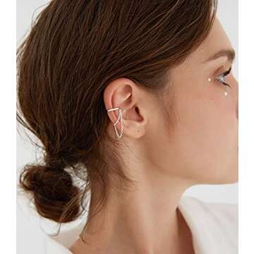 Reffeer Solid 925 Sterling Silver Cuff Earrings Chain for Women Teens Cartilage Wrap Earrings Helix Cuffs (A-Silver)