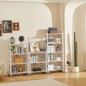 DEANIC 3 Tier Foldable Storage Shelves with Wheels, Large Capacity Shelving Unit, Freestanding Metal...