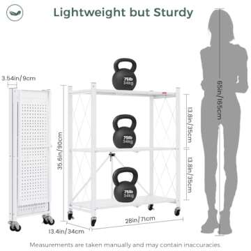 DEANIC 3 Tier Foldable Storage Shelves with Wheels, Large Capacity Shelving Unit, Freestanding Metal Wire Shelf Rack, No Assembly Organizer Rack for Garage Kitchen, Basement, Pantry(White)